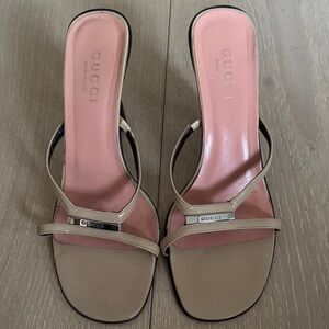 Gucci Beige Leather Double-Strap Slide Sandals with Pink Insole